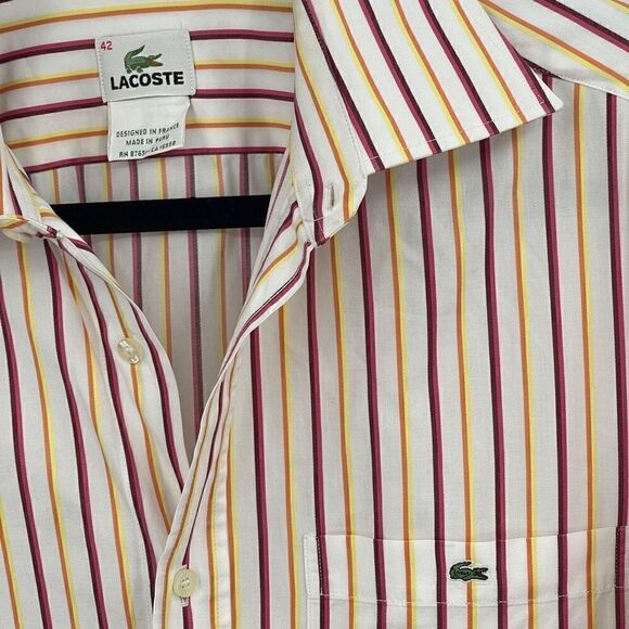 Lacoste Long Sleeve Striped Yellow Red White Collared Button-Up Shirt Size 42 - Picture 2 of 5